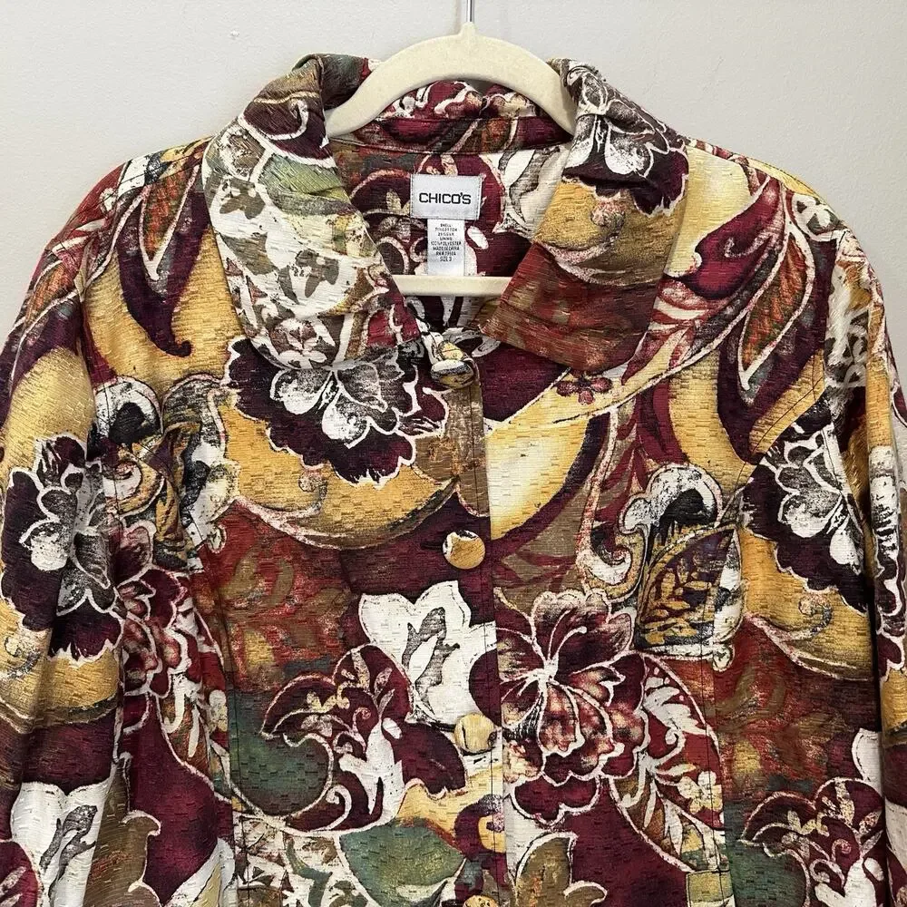 Chicos Jacket Sz 3 Women’s‎ Cotton Silk Tropical Floral Blazer X-Large NWT
